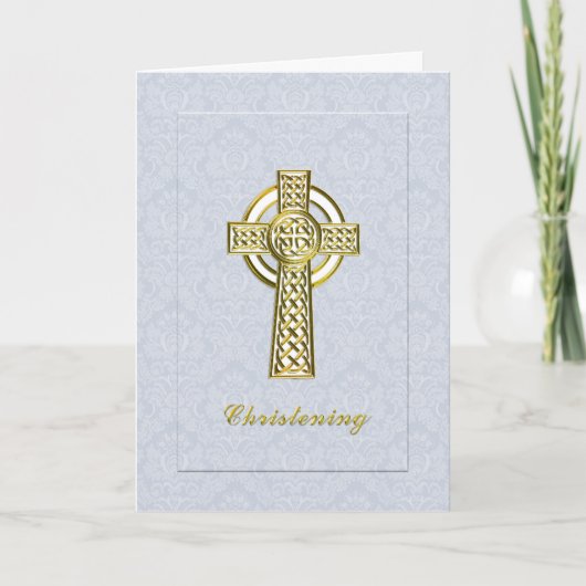 Christening Blue Damask mit Gold Cross Einladung (Vorderseite)