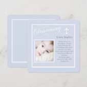 Christening Calligraphy Blue Foto Einladung (Vorne/Hinten)