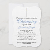 Christening Cross Blue Gray Baby Boy Rattle Einladung (Vorderseite)