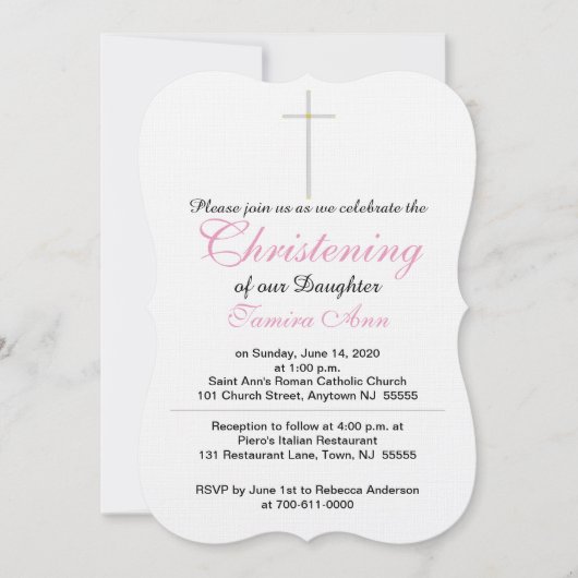 Christening Cross Daughter Pink White Einladung (Vorderseite)