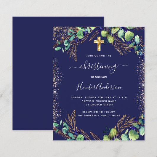 Christening eucalyptus grün, blau Einladung (Vorne/Hinten)