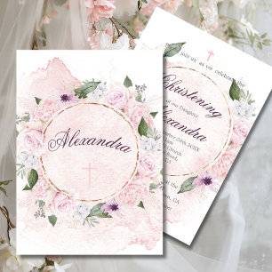 Christening Floral Pink Roses Wreath Einladung