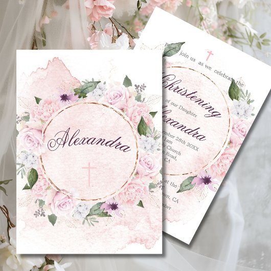Christening Floral Pink Roses Wreath Einladung