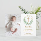 Christening Foto Cross Eukalyptus Dankeskarte (Stehend Vorderseite)