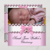 Christening Girl Pink White Pink Pearl Foto Einladung (Vorne/Hinten)