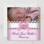 Christening Girl Pink White Pink Pearl Foto Einladung (Vorderseite)