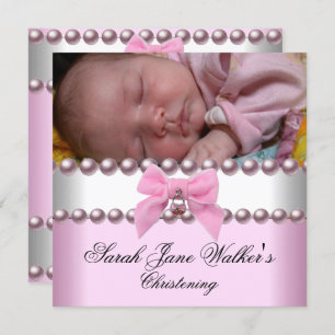 Christening Girl Pink White Pink Pearl Foto Einladung