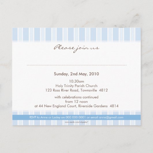 CHRISTENING INVITATION :: Stilftiger Streifen 1 Einladungspostkarte (Rückseite)