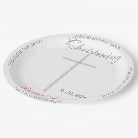 Christening Pink Girl Name Silver Cross Pappteller (Schrägansicht)