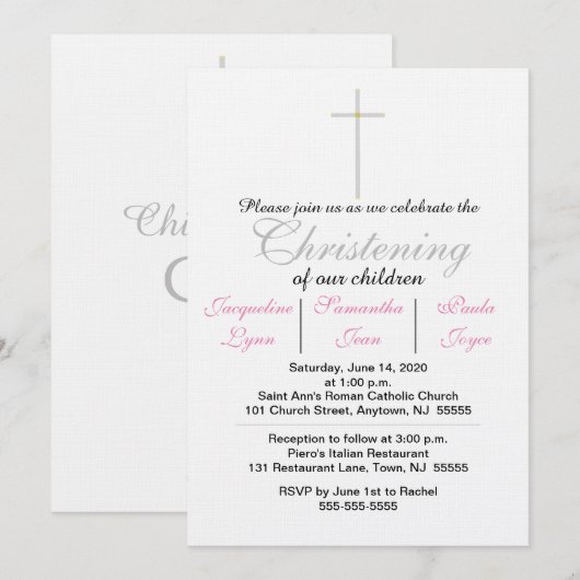 Christening Pink Triplets Einladung (Vorne/Hinten)