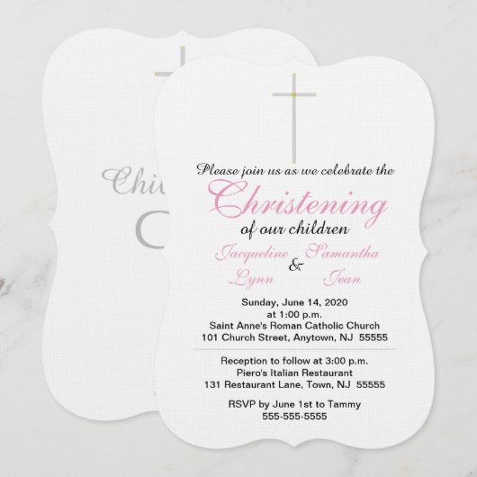 Christening Pink Twins Einladung (Vorne/Hinten)