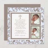 Christening Soft Blue und Brown Paisley Foto Einladung (Vorne/Hinten)