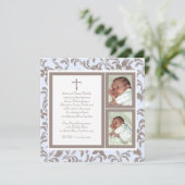 Christening Soft Blue und Brown Paisley Foto Einladung (Stehend Vorderseite)