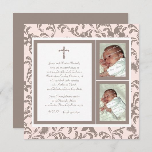 Christening Soft Pink und Brown Paisley Foto Einladung (Vorne/Hinten)