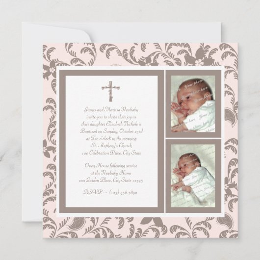 Christening Soft Pink und Brown Paisley Foto Einladung (Vorderseite)