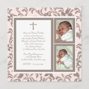 Christening Soft Pink und Brown Paisley Foto Einladung