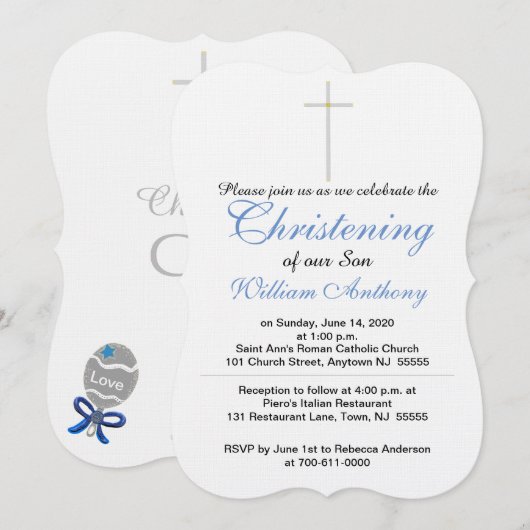 Christening Son Cross Blue Rattle Einladungen (Vorne/Hinten)
