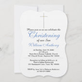 Christening Son Cross Blue Rattle Einladungen (Vorderseite)