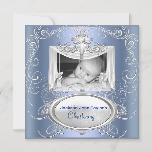 Christening Taufe Baby Boy Silver Blue Cross Einladung (Vorderseite)