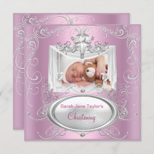 Christening Taufe Baby Girl Silver Pink Cross Einladung