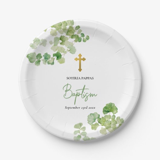 Christening Taufe Boy Girl Watercolor Grüne Pappteller (Vorderseite)
