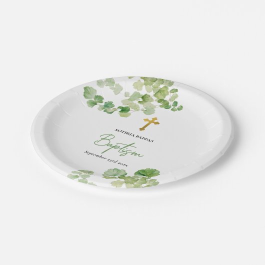 Christening Taufe Boy Girl Watercolor Grüne Pappteller (Schrägansicht)