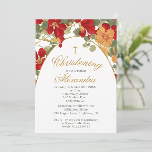 Christening Taufe Burnt Orange Arch Blume Einladung (Stehend Vorderseite)