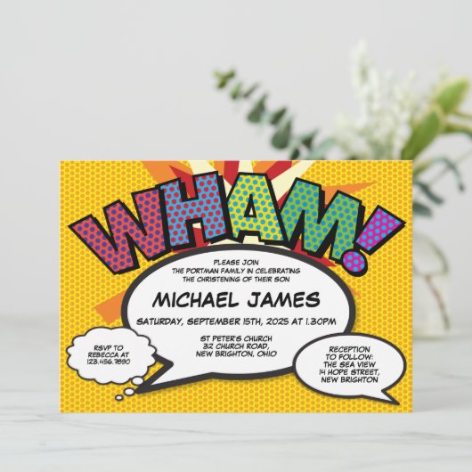 Christening Taufe Modernes Fun Comic Buch Einladung (Stehend Vorderseite)