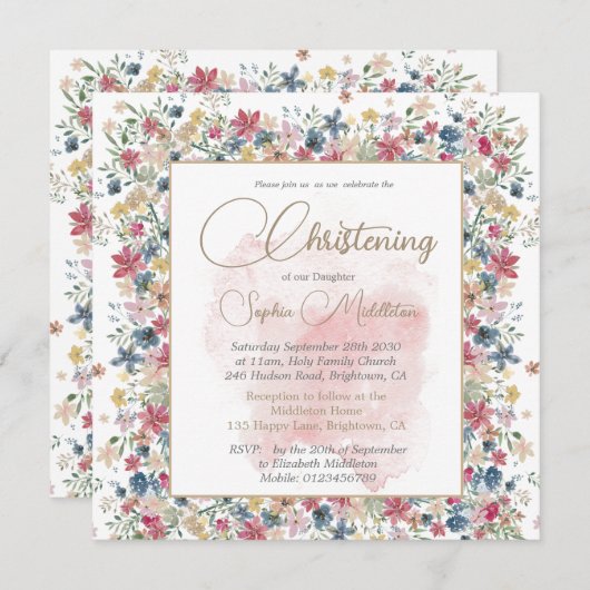 Christening Taufe Rosa Floral Religious Cross Einladung (Vorne/Hinten)