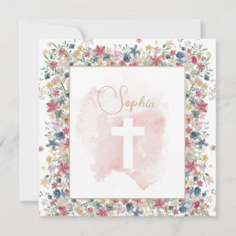 Christening Taufe Rosa Floral Religious Cross Einladung