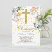 Christening Watercolor Angels Gold Glitzer Einladung (Stehend Vorderseite)
