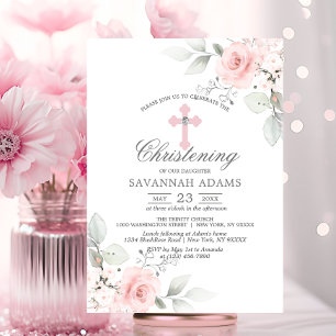 Christening Watercolor Pink Rose Girl Cross Einladung