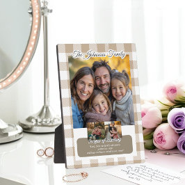 Christian Beige Buffalo Plaid Family Photo Collage Fotoplatte