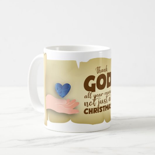 Christian Christmas Thank God blue heart Mug Kaffeetasse (Vorderseite Links)