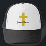Christian Cross Jesus Saves Hat Truckerkappe<br><div class="desc">An handsome hat to wear and witness that Jesus Christus. The background has a picture of a golden cross. Nizza gift for any guy.</div>