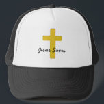 Christian Cross Jesus Saves Hat Truckerkappe<br><div class="desc">An handsome hat to wear and witness that Jesus Christus. The background has a picture of a golden cross. Nizza gift for any guy.</div>
