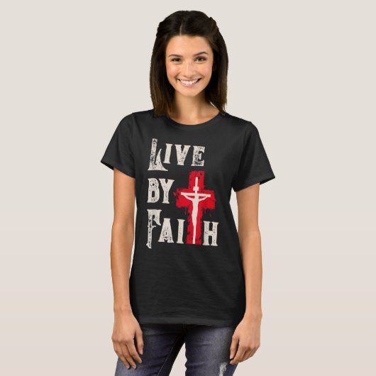 Christian Cross Scripture Live By Faith T-Shirt (Vorne ganz)
