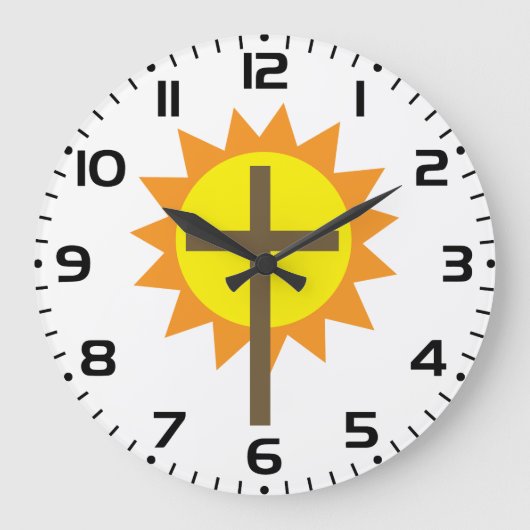 Christian Cross with Yellow Sun and Orange Rays Große Wanduhr (Vorderseite)