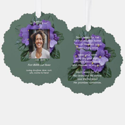 Christian Memorial Keepsake African Violet Ornament Karte (Vorderseite/Rückseite)