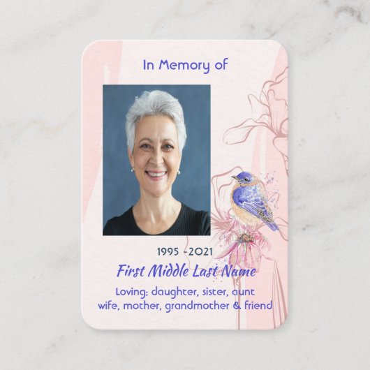 Christian Memorial Keepsake Bluebird Garden Visitenkarte (Vorderseite)