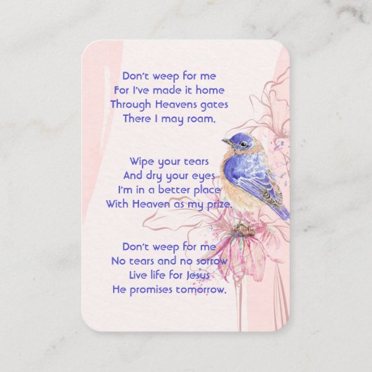 Christian Memorial Keepsake Bluebird Garden Visitenkarte (Rückseite)