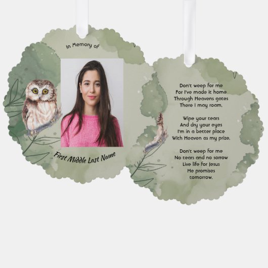 Christian Memorial Keepsake Cute Owl Bird Ornament Karte (Vorderseite/Rückseite)