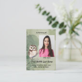 Christian Memorial Keepsake Cute Owl Bird Visitenkarte (Stehend Vorderseite)