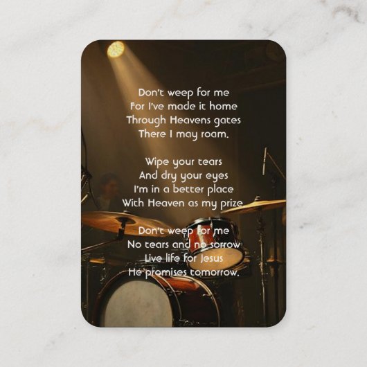 Christian Memorial Keepsake Drummer Drums Band  Visitenkarte (Rückseite)