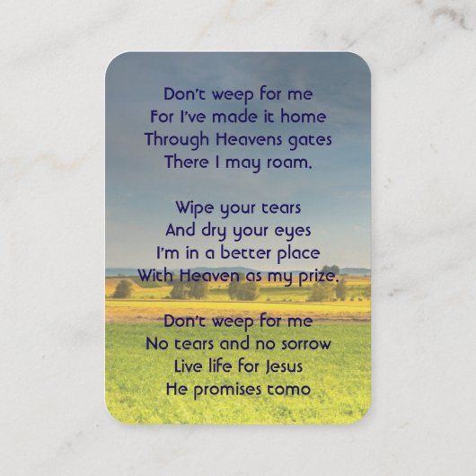 Christian Memorial Keepsake Farm Crop Prairie Visitenkarte (Rückseite)