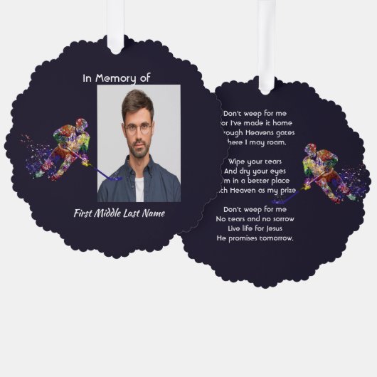 Christian Memorial Keepsake Hockey Player Sport Ornament Karte (Vorderseite/Rückseite)