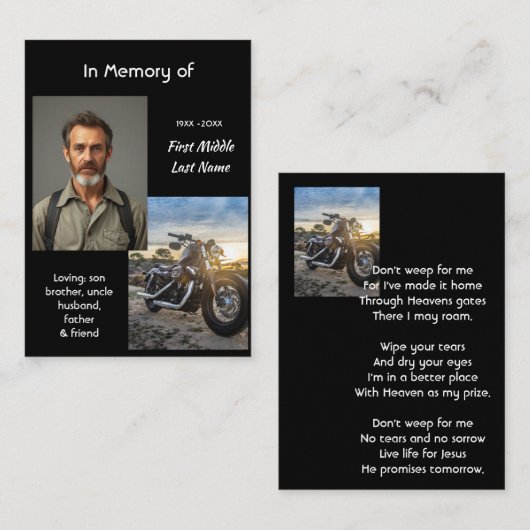 Christian Memorial Keepsake Motorcycle Chopper Visitenkarte (Vorne/Hinten)