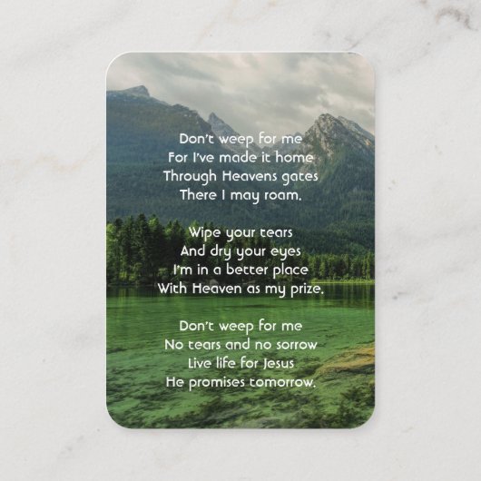 Christian Memorial Keepsake Mountain Lake Visitenkarte (Rückseite)
