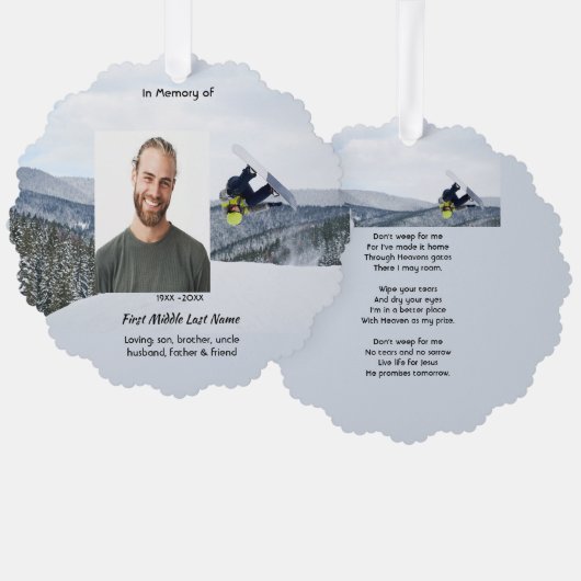 Christian Memorial Keepsake Snowboarding Winter Ornament Karte (Vorderseite/Rückseite)