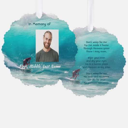 Christian Memorial Keepsake  Wave Surfer Water Ornament Karte (Vorderseite/Rückseite)